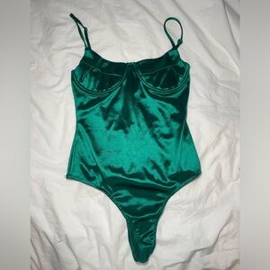 PrettyLittleThing Green Satin Bodysuit
